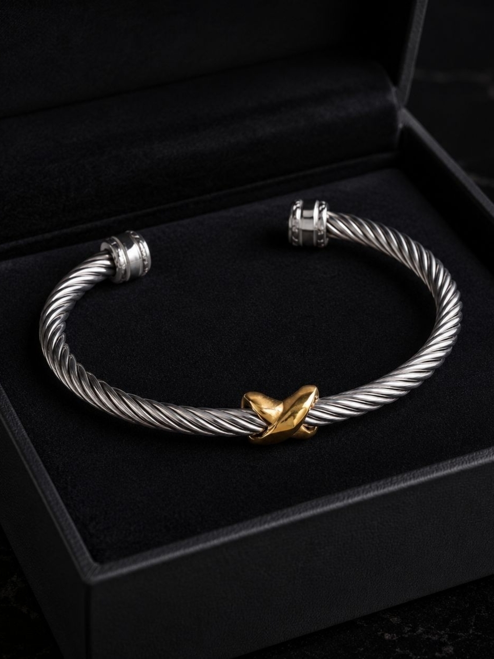 Two-Tone Twisted Cable Cuff Bracelet in Silver and Gold